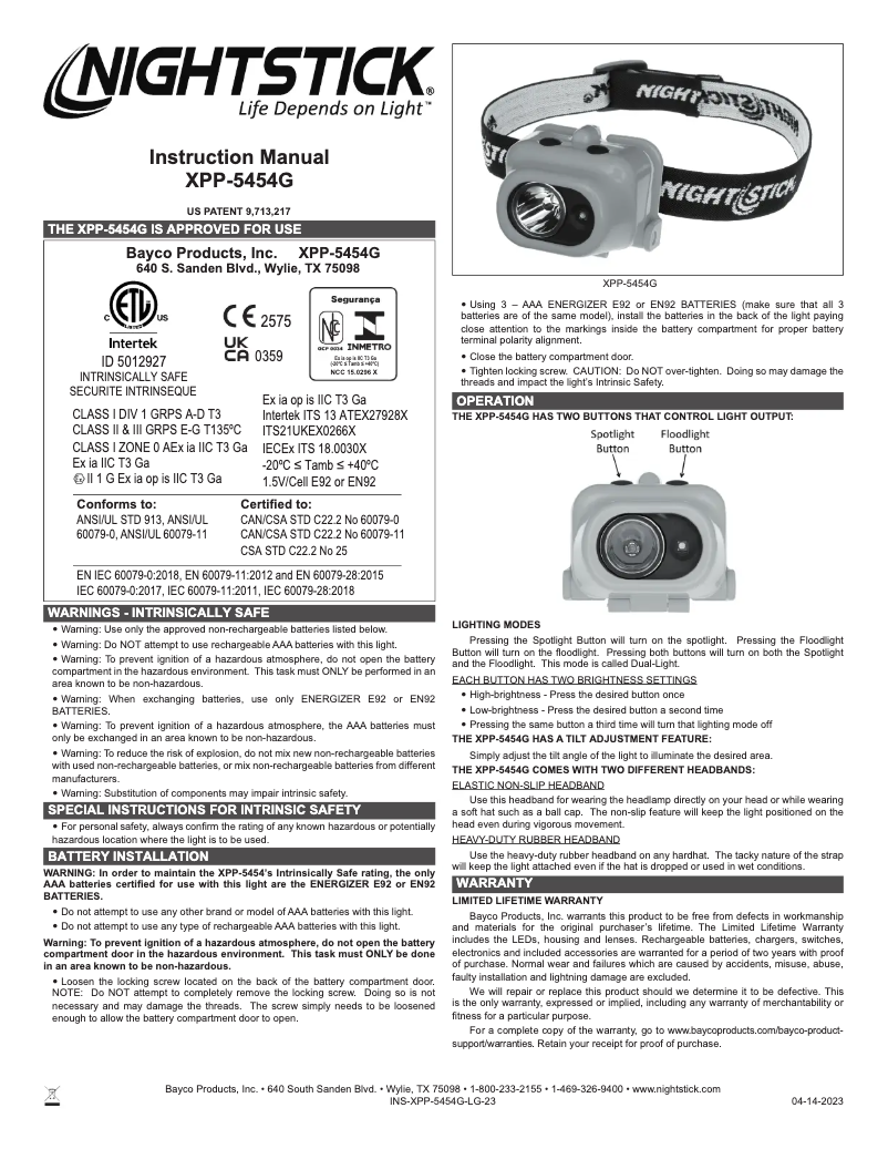 Page 1 de la notice Manuel utilisateur NightStick XPP-5454G