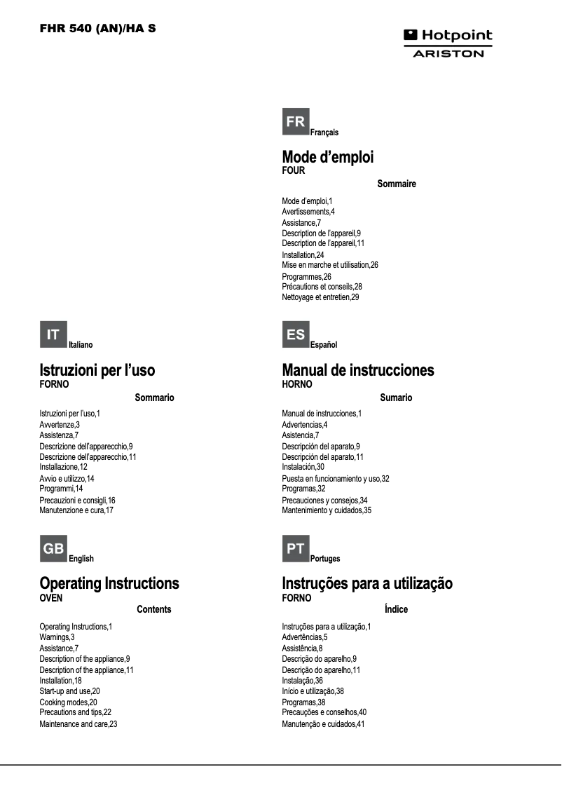 Page n°1 - Manuel utilisateur Hotpoint FHR 540 (AN)/HA S