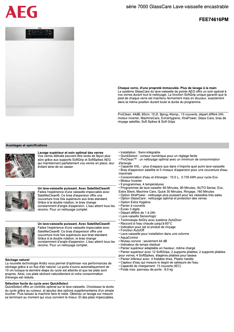 Page 1 de la notice Fiche technique AEG FEE74616PM