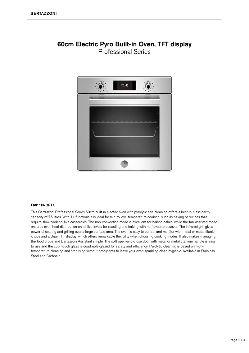 Page n°1 - Fiche technique Bertazzoni F6011PROPTX