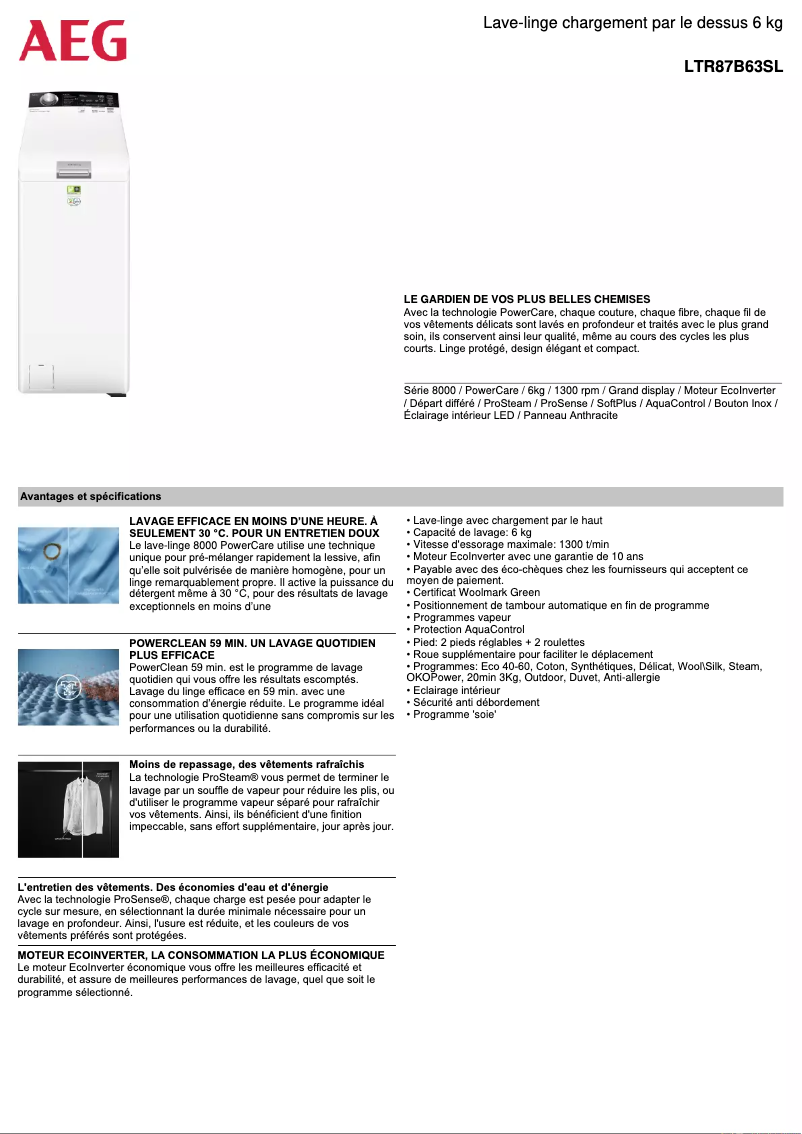 Página 1 del manual Ficha técnica AEG LTR87B63SL