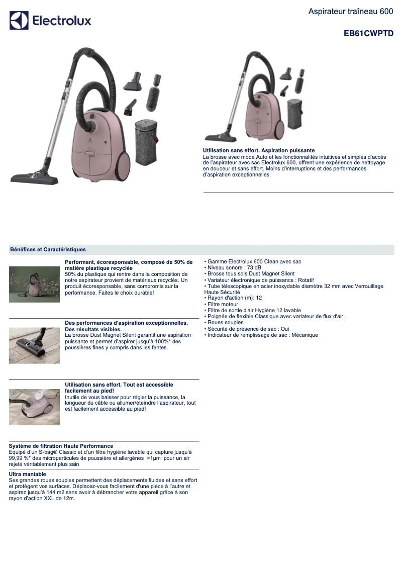 Page 1 de la notice Fiche technique Electrolux EB61CWPTD