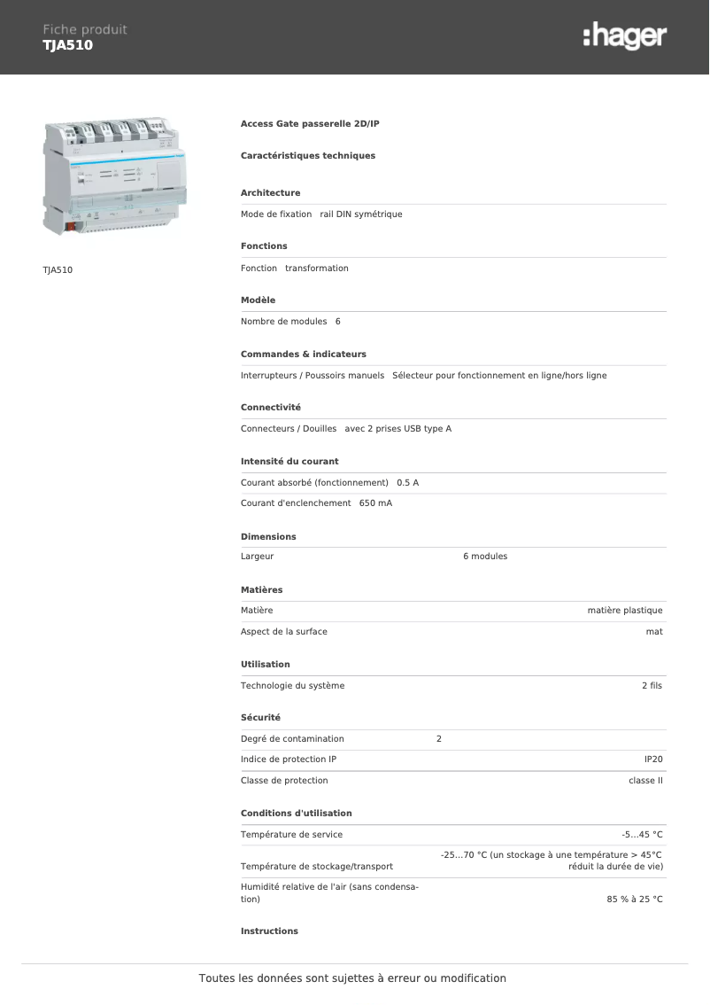 Page 1 de la notice Fiche technique Hager TJA510