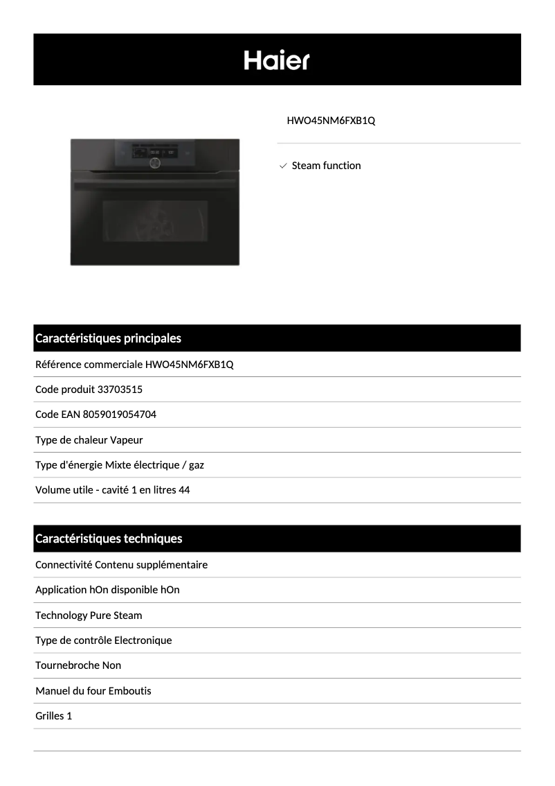 Page 1 de la notice Fiche technique Haier HWO45NM6FXB1Q