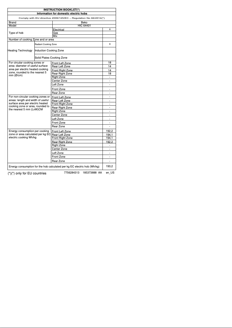 Page n°1 - Fiche technique Beko HIC 64401