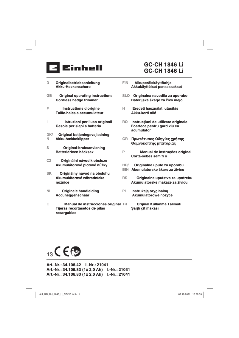Page n°1 - Manuel utilisateur Einhell GE-CH 1846 Li