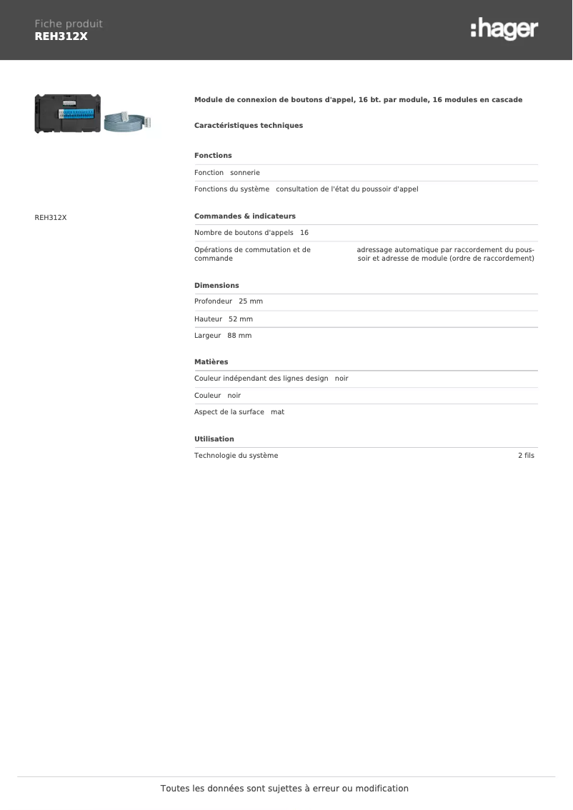 Page 1 de la notice Fiche technique Hager REH312X