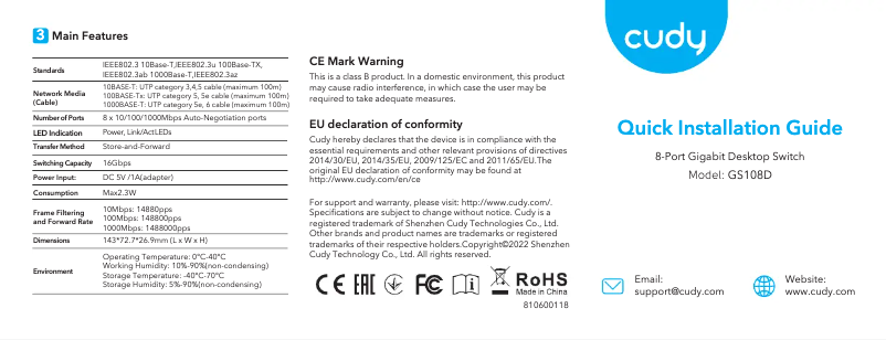 Page 1 de la notice Manuel utilisateur Cudy GS108D