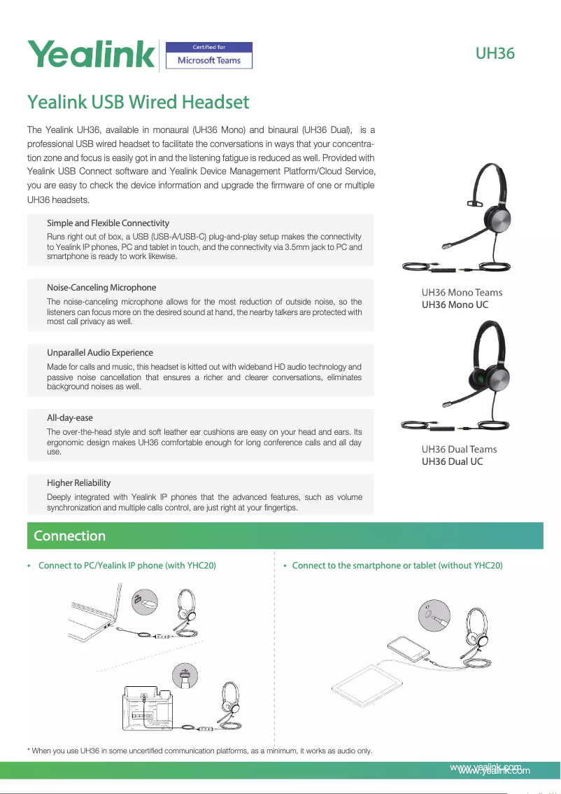 Page 1 de la notice Fiche technique Yealink UH36