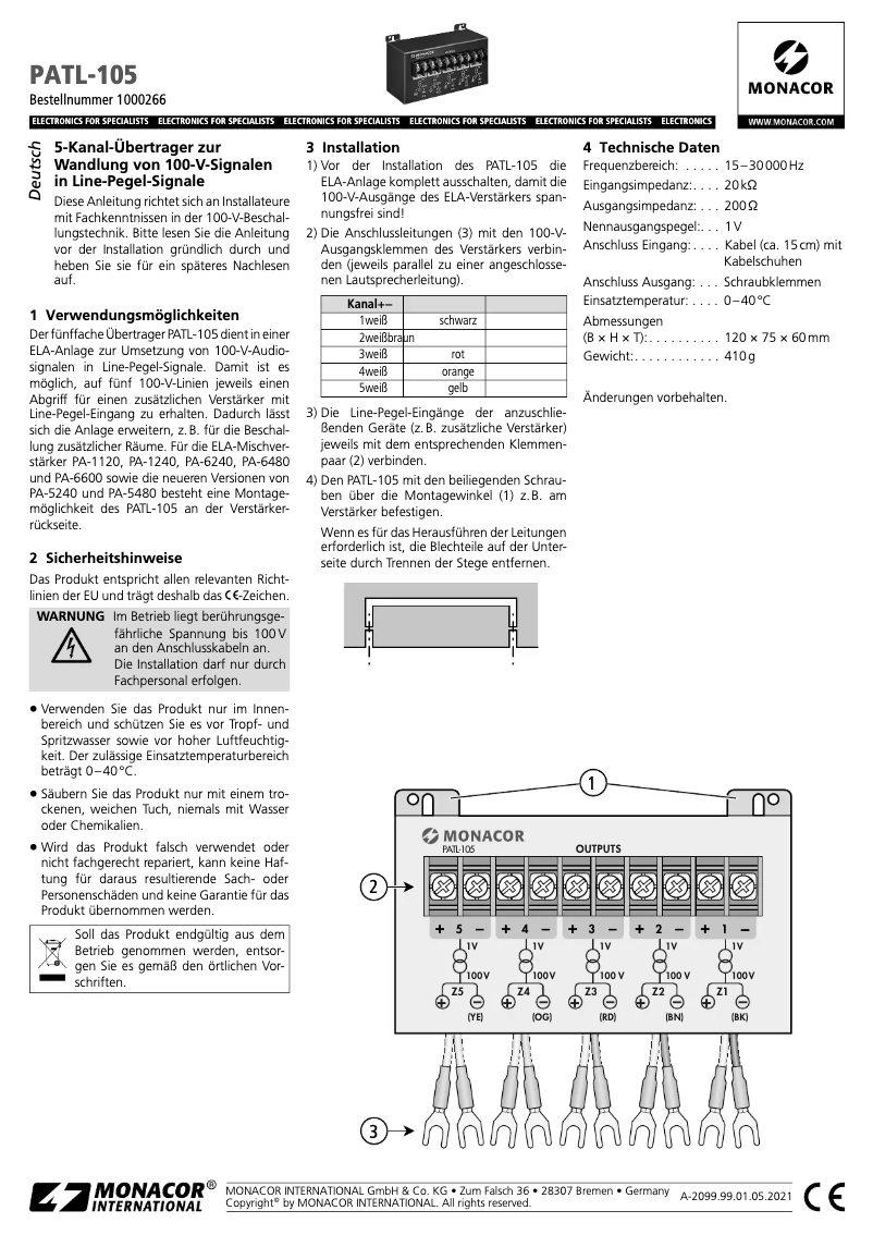 Page 1 de la notice Manuel utilisateur Monacor PATL-105