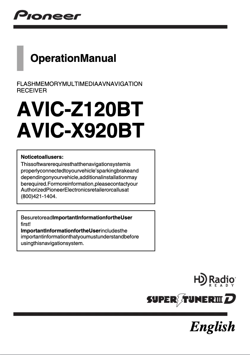 Page n°1 - Manuel utilisateur Pioneer AVIC-Z120BT