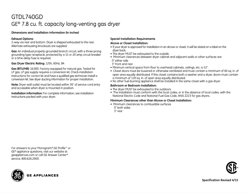 Page n°1 - Fiche technique GE GTDL740GDWW