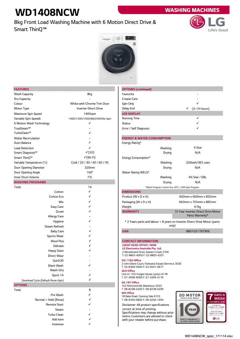 Page n°1 - Fiche technique LG WD1408NCW