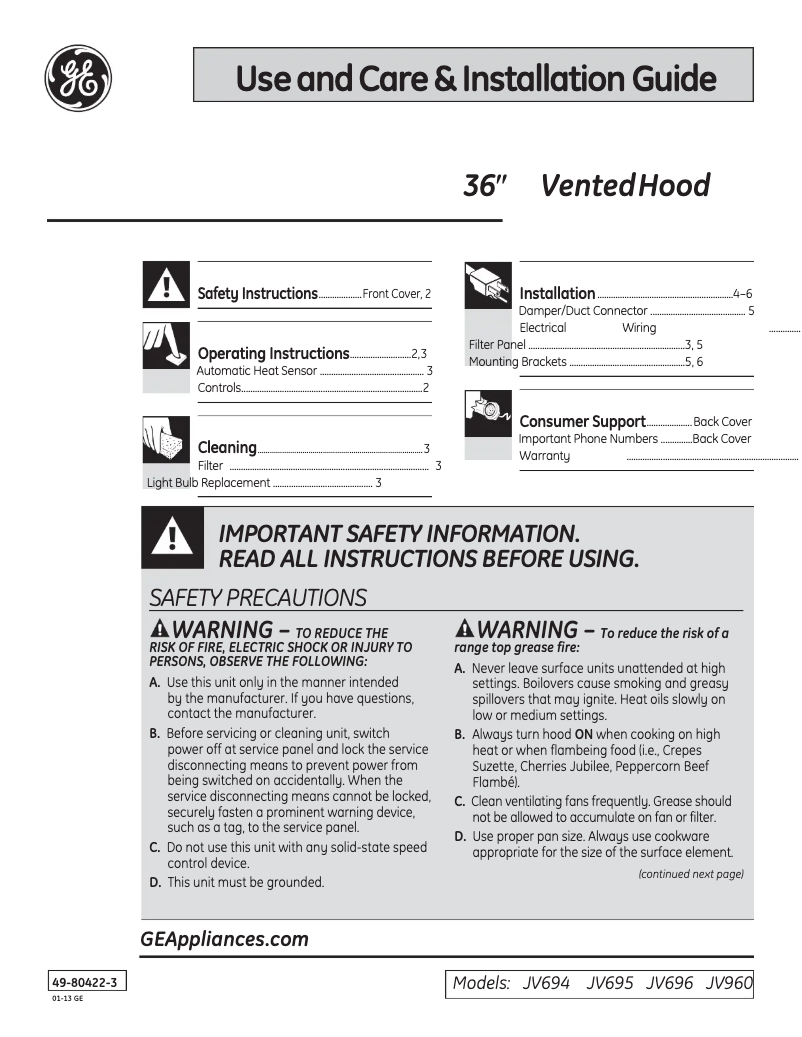 Página 1 del manual Manual de instrucciones GE JV960SCBR