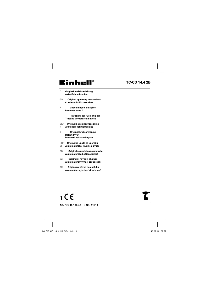 Page 1 de la notice Manuel utilisateur Einhell TC-CD 14,4 2B