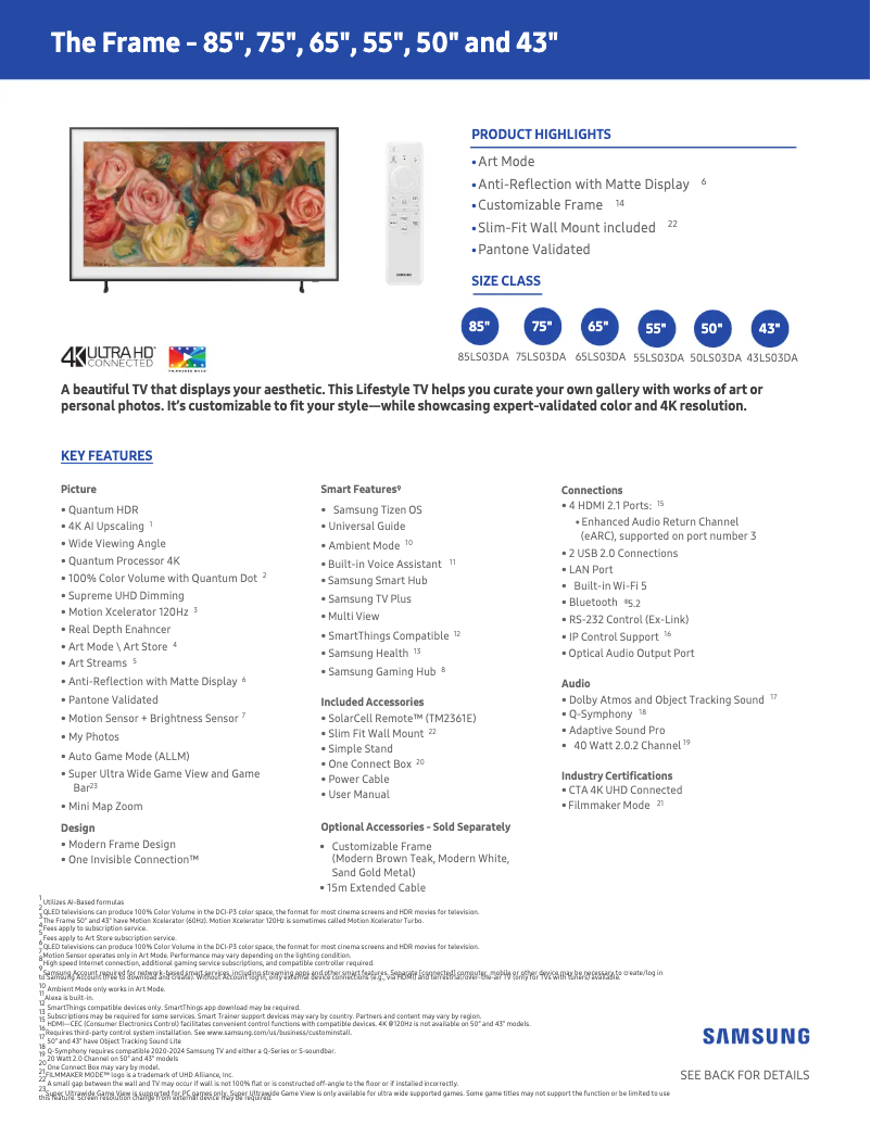 Page 1 de la notice Fiche technique Samsung QN55LS03DAF