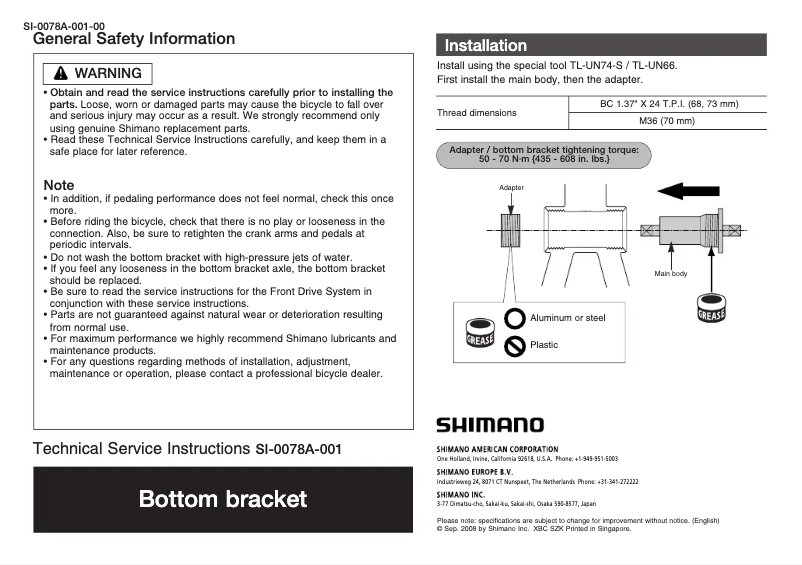 Page 1 de la notice Manuel utilisateur Shimano BB-UN26-K