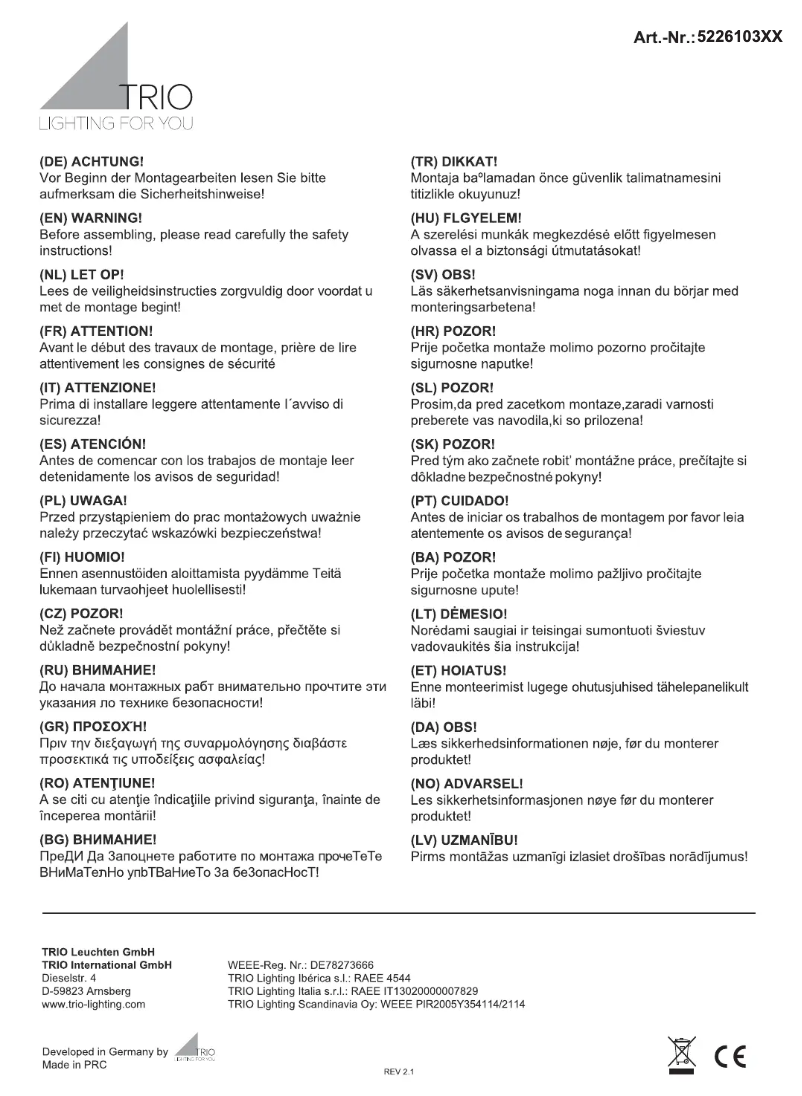 Page 1 de la notice Manuel utilisateur Trio Lighting Rondo 522610331