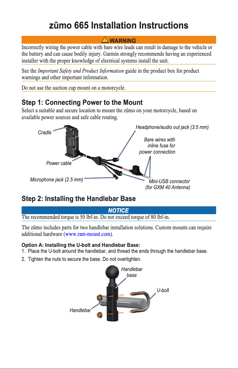 Page 1 de la notice Guide d'installation Garmin Zumo 665