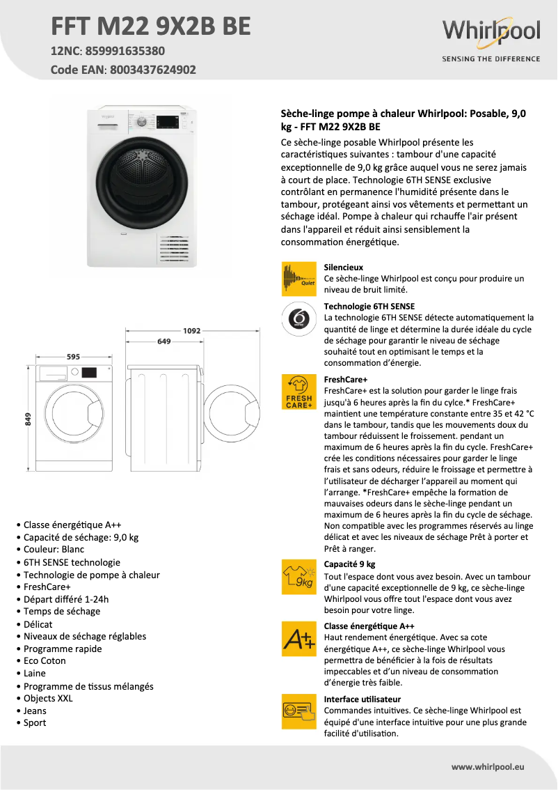 Página 1 del manual Ficha técnica Whirlpool FFT M22 9X2B BE