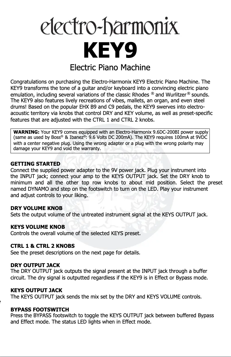 Page n°1 - Manuel utilisateur Electro Harmonix KEY9