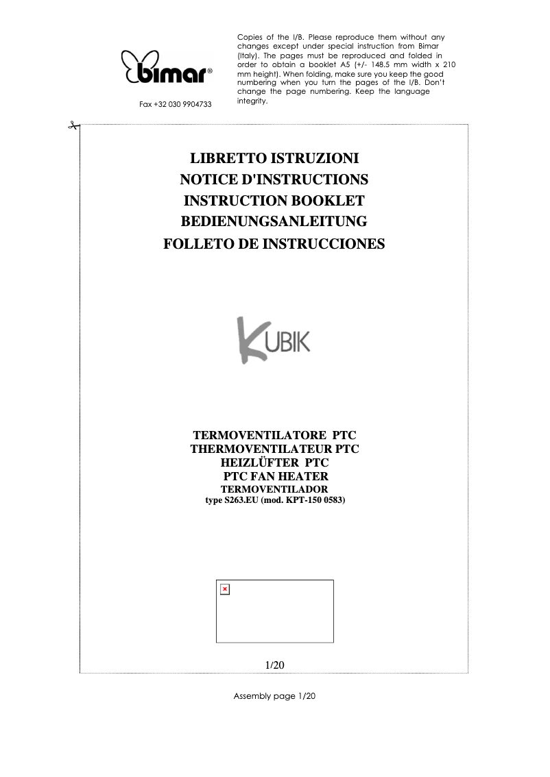 Page 1 de la notice Manuel utilisateur Bimar S263.EU