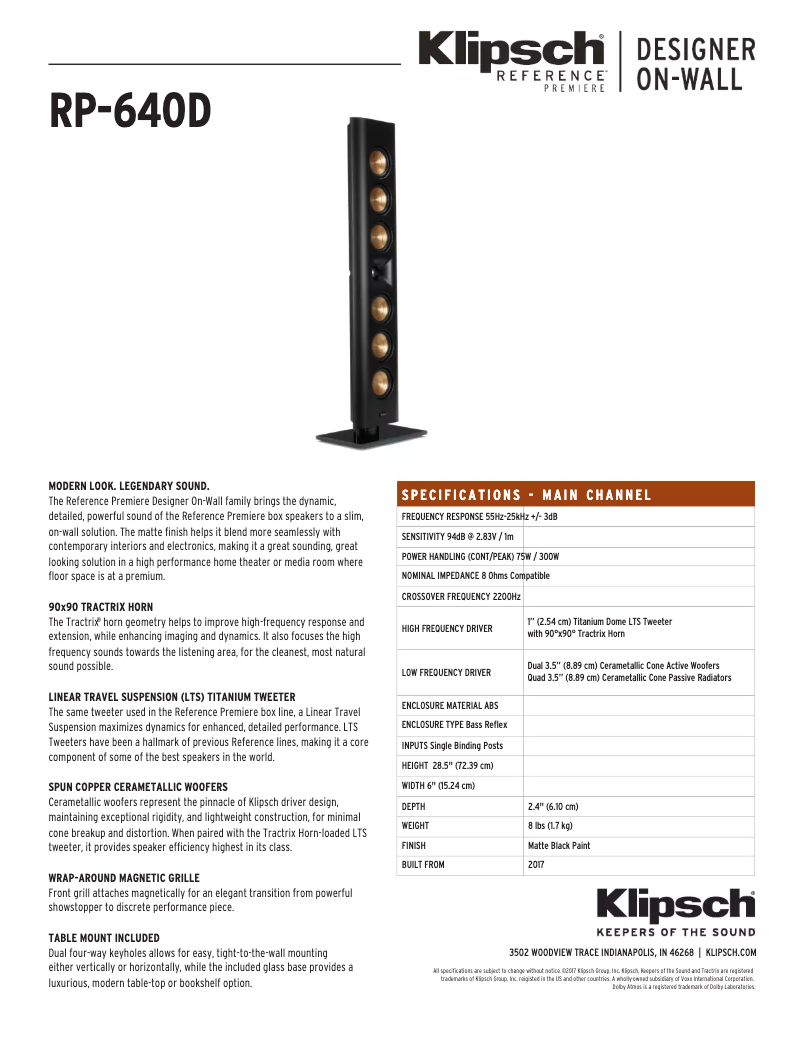 Page 1 de la notice Fiche technique Klipsch Reference Premiere RP-640D
