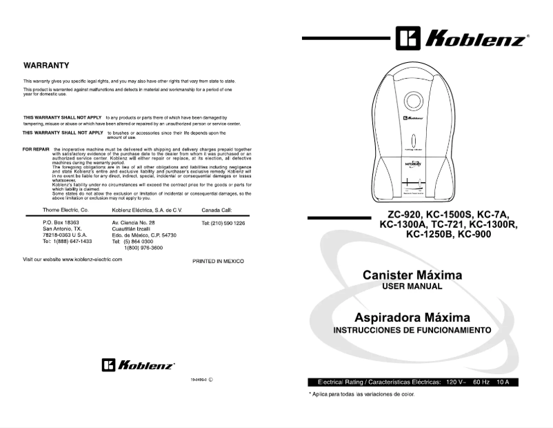 Page 1 de la notice Manuel utilisateur Thorne Electric KC-1250 B