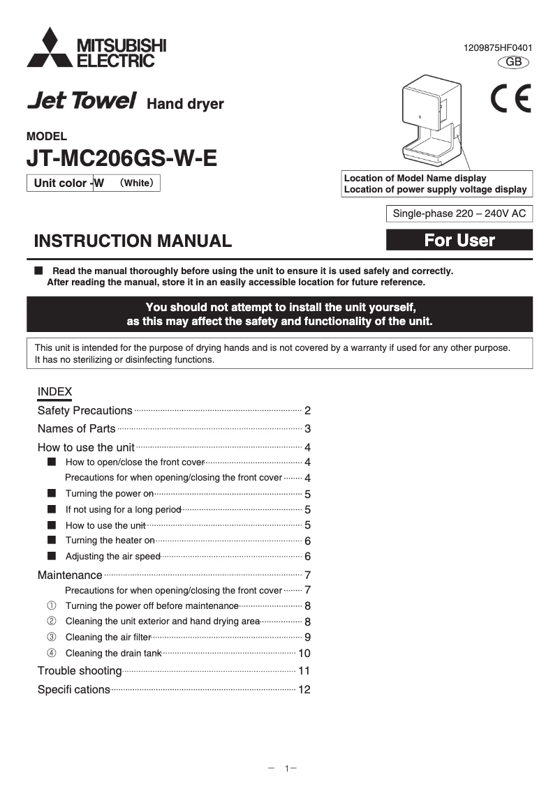 Page n°1 - Manuel utilisateur Mitsubishi JT-MC206GS-W-E