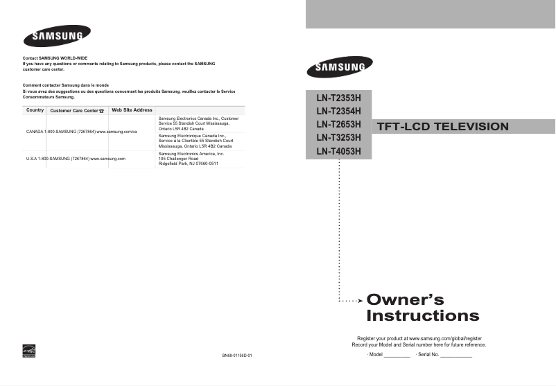 Page 1 de la notice Manuel utilisateur Samsung LN-T4053H