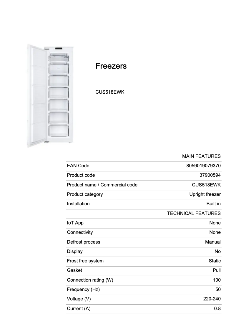 Page n°1 - Fiche technique Candy CUS518EWK