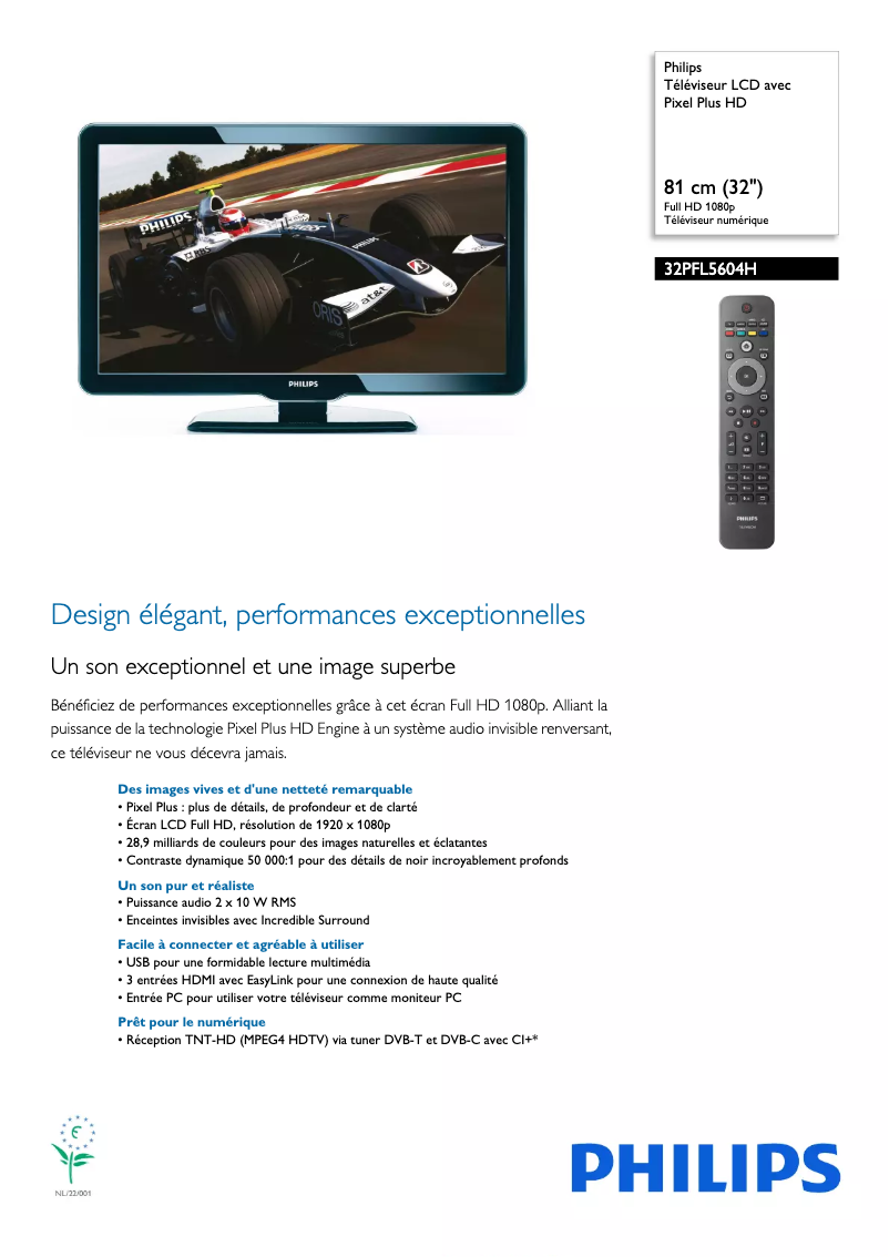 Page 1 de la notice Fiche technique Philips 32PFL5604H