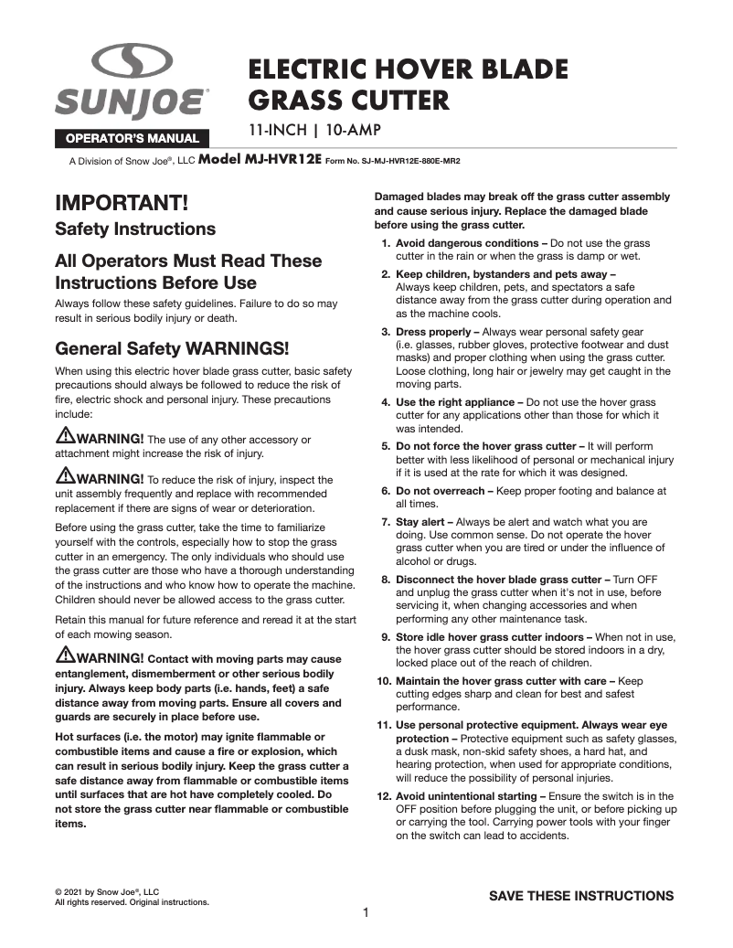 Page 1 de la notice Manuel utilisateur Sun Joe MJ-HVR12E