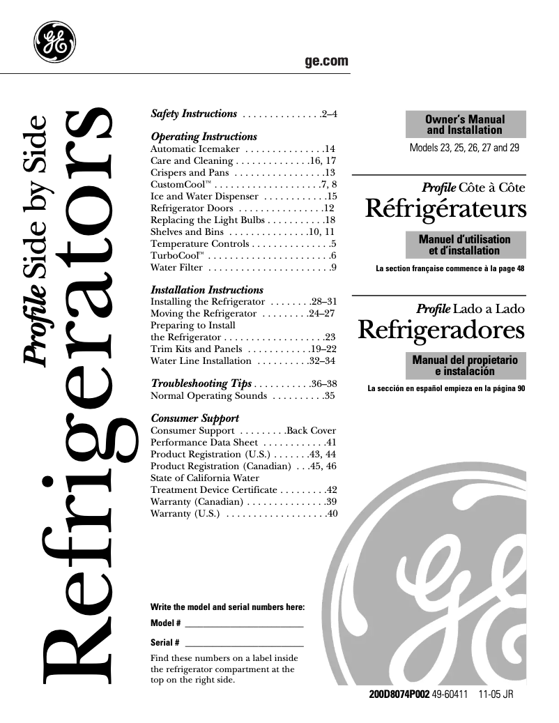 Page 1 de la notice Manuel d'utilisation et d'entretien GE Profile PSH25SGSSV