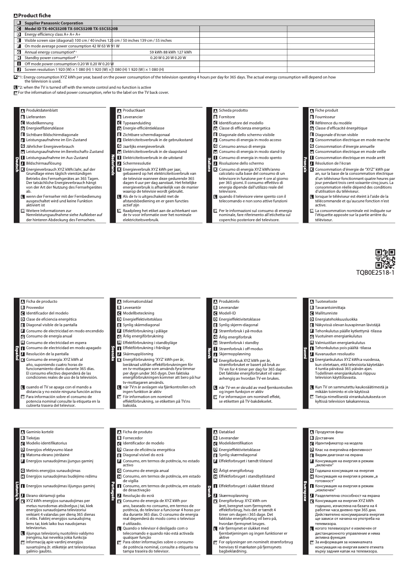 Page 1 de la notice Fiche technique Panasonic TX-50CS520B