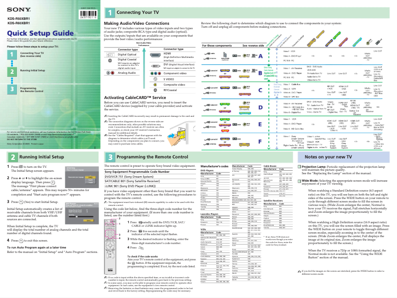 Page n°1 - Guide d'installation Sony KDS-R50XBR1