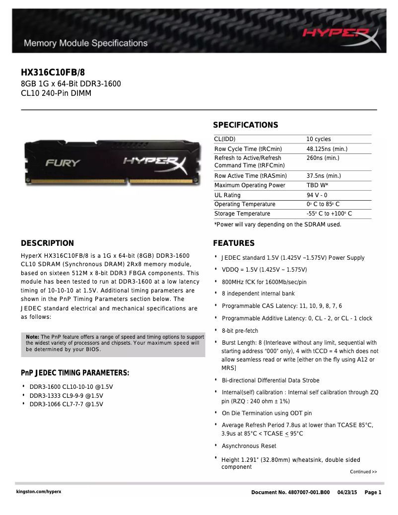 Page n°1 - Manuel utilisateur Kingston HyperX FURY