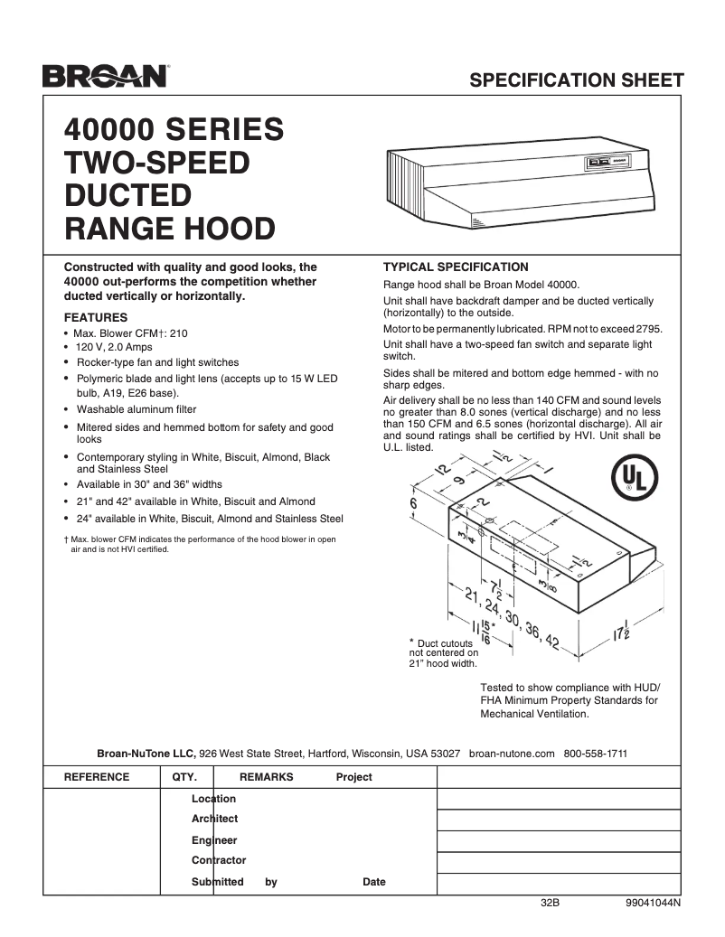 Page 1 de la notice Fiche technique Broan 403623