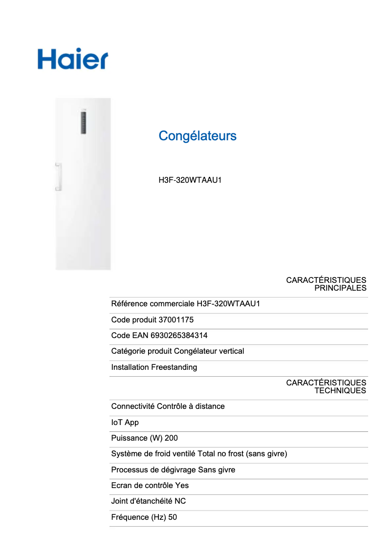 Page n°1 - Fiche technique Haier H3F-320WTAAU1
