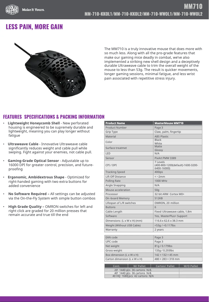Page 1 de la notice Fiche technique Cooler Master MM710