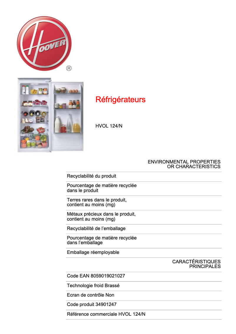 Page n°1 - Fiche technique Hoover HVOL 124