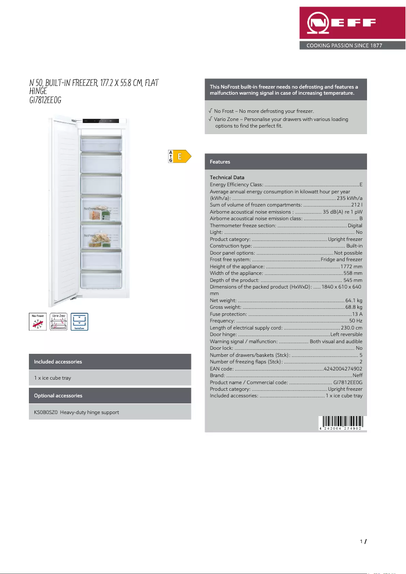 Page 1 de la notice Fiche technique Neff GI7812EE0G
