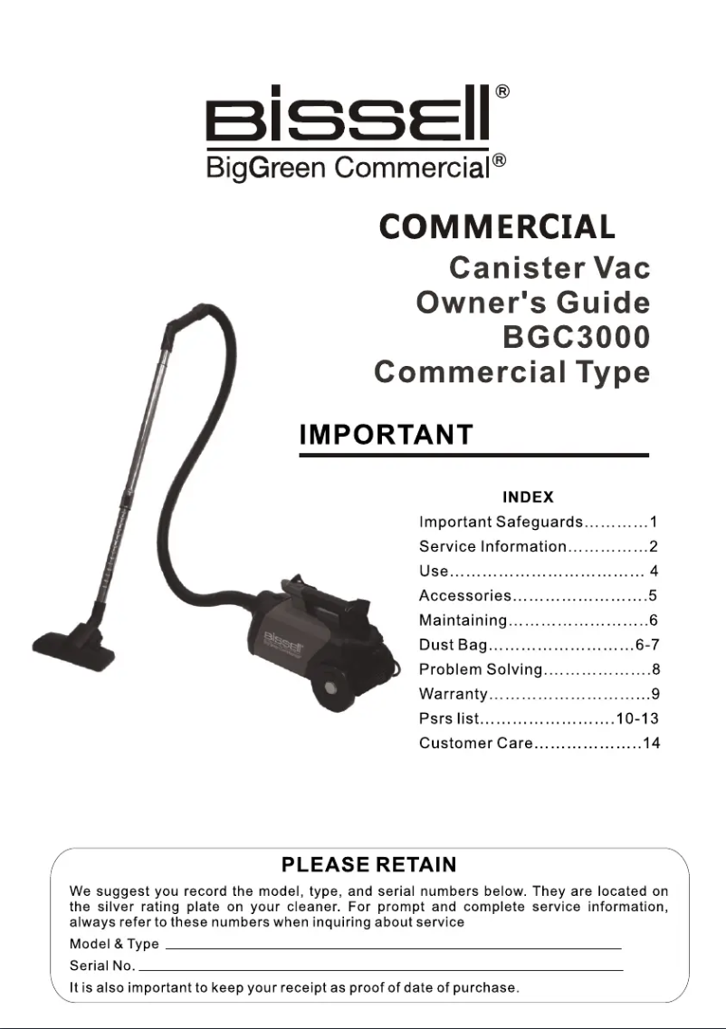 Page 1 de la notice Manuel utilisateur Bissell BigGreen Commercial BGC3000