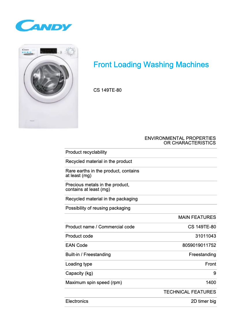Page 1 de la notice Fiche technique Candy CS 149TE-80