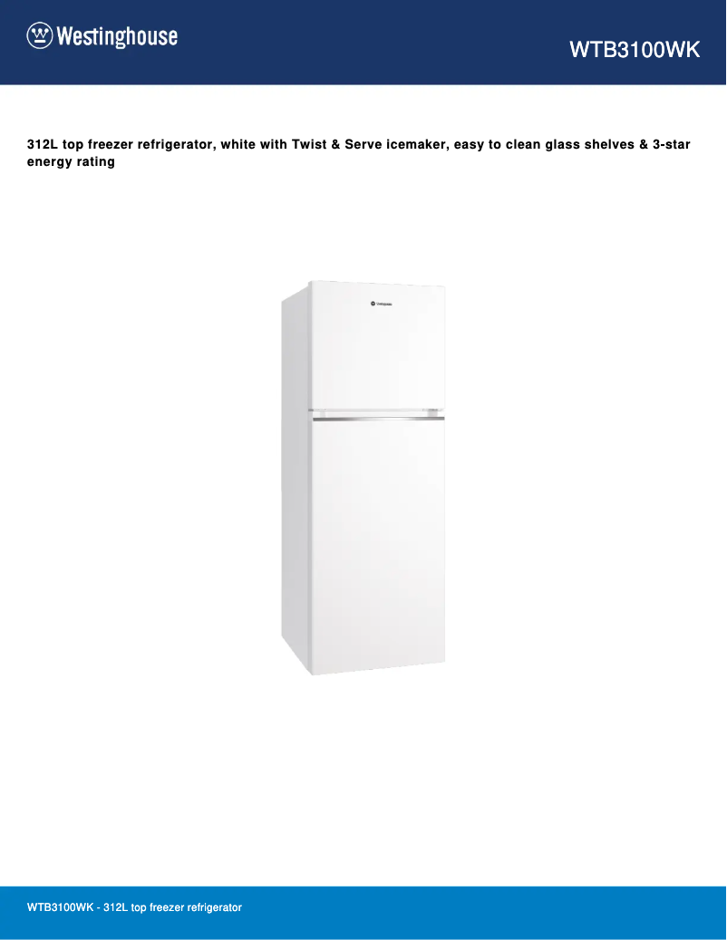Page 1 de la notice Fiche technique Westinghouse WTB3100WK