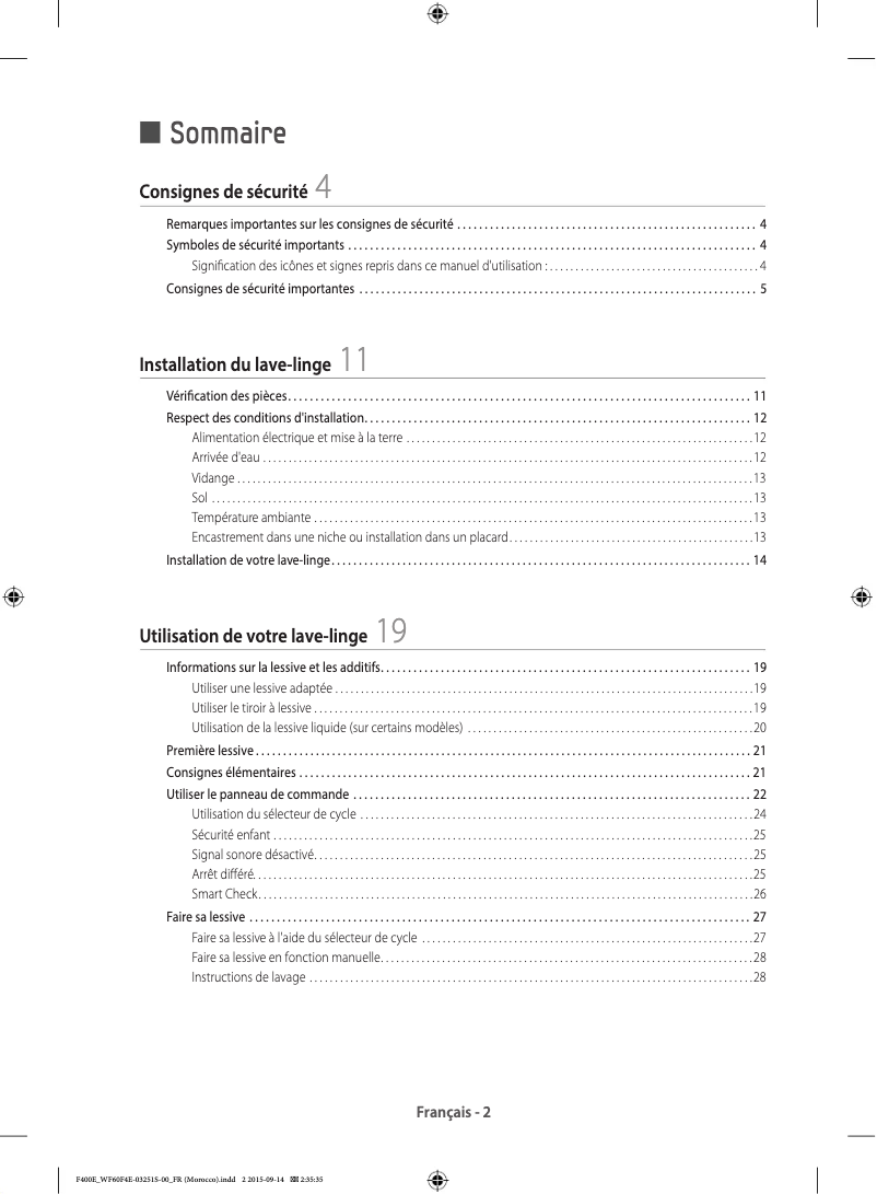 Page 1 de la notice Guide d'installation Samsung WF70F5E0W4W