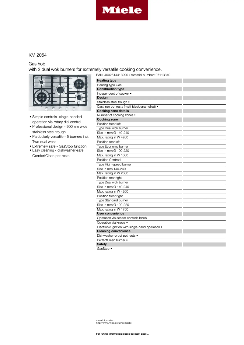 Page n°1 - Fiche technique Miele KM 2054