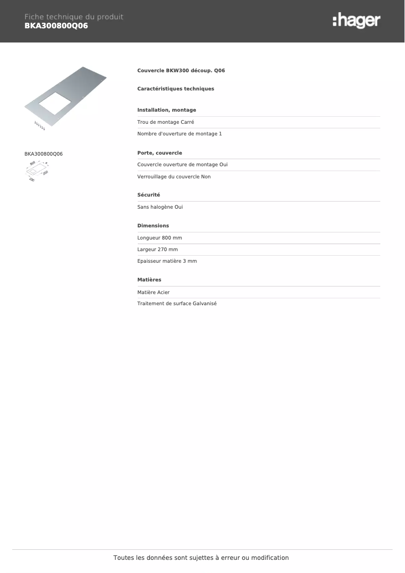 Page 1 de la notice Fiche technique Hager BKA300800Q06