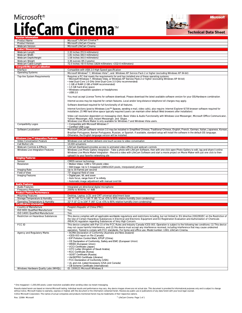 Image de la première page du manuel de l'appareil LifeCam Cinema H5D-00003