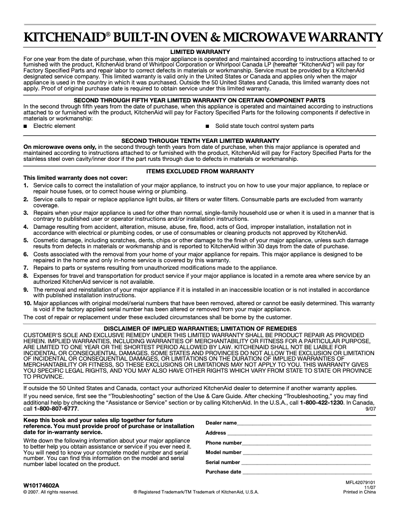 Page n°1 - Informations de garantie KitchenAid Architect KCMS2055SSS